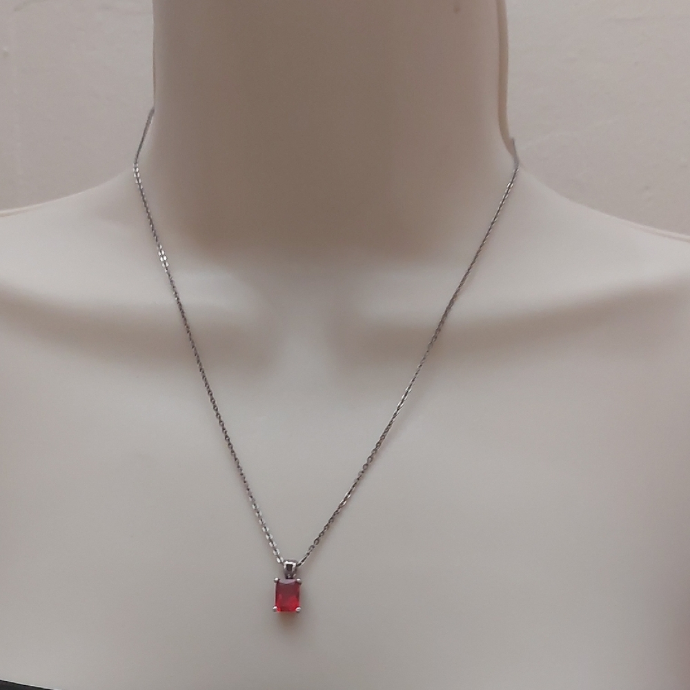 Classy Vtg 925 Italy Sterling Silver Necklace Emerald Cut Faux Red Ruby Pendant